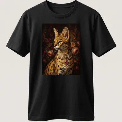 Realistic portrait of a serval cat wearing a pearl necklace in rich colors