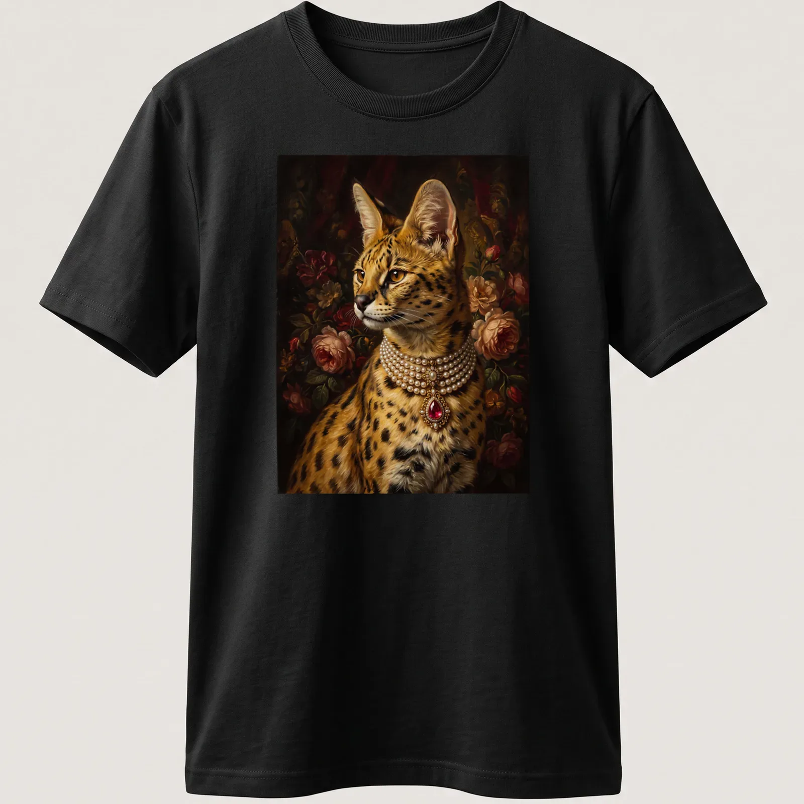 Realistic portrait of a serval cat wearing a pearl necklace in rich colors — printed on a unisex t-shirt