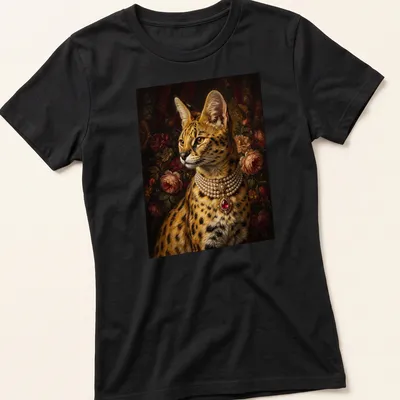 Realistic portrait of a serval cat wearing a pearl necklace in rich colors — printed on a women's shirt