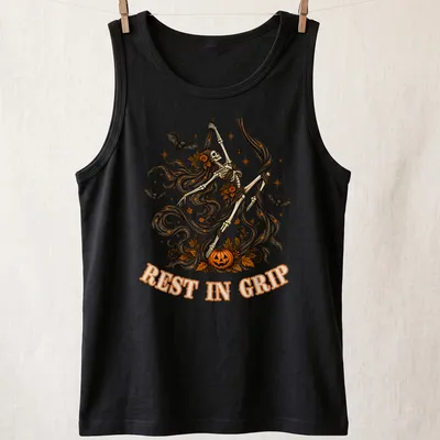 Illustrative t-shirt featuring a skeleton aerialist with Halloween elements in various colors — printed on a tank top