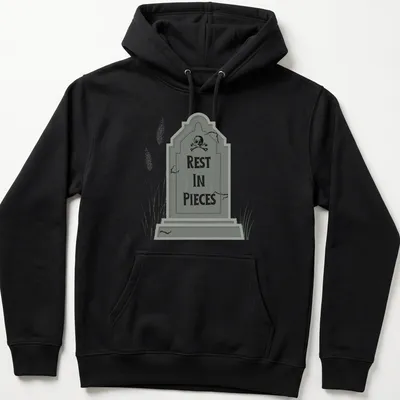 Illustrative print of a tombstone with 'REST IN PIECES' text in gray, black, and white. — printed on a unisex hoodie