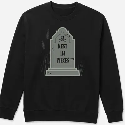 Illustrative print of a tombstone with 'REST IN PIECES' text in gray, black, and white. — printed on a unisex sweatshirt