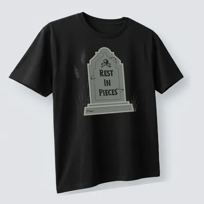 Illustrative print of a tombstone with 'REST IN PIECES' text in gray, black, and white. — printed on a unisex t-shirt (angled view)