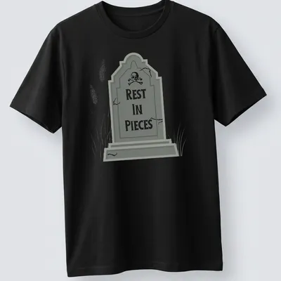 Illustrative print of a tombstone with 'REST IN PIECES' text in gray, black, and white. — printed on a unisex t-shirt