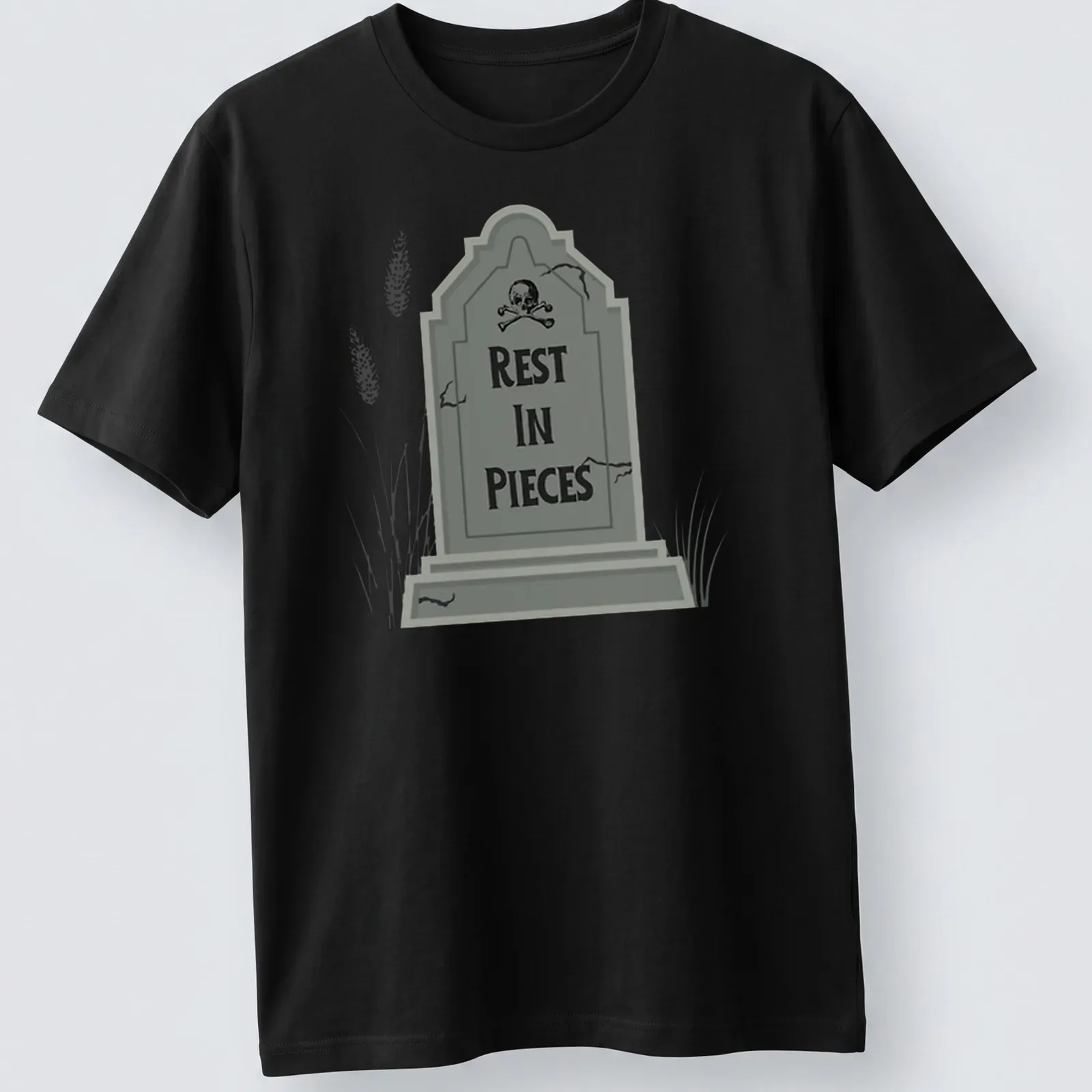 Illustrative print of a tombstone with 'REST IN PIECES' text in gray, black, and white. — printed on a unisex t-shirt