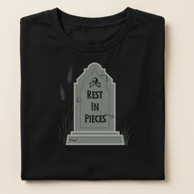 Illustrative print of a tombstone with 'REST IN PIECES' text in gray, black, and white. — printed on a women's shirt