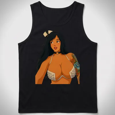 Retro cartoon tattooed girl pin-up design in multiple colors — printed on a tank top
