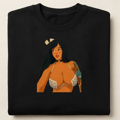Retro cartoon tattooed girl pin-up design in multiple colors — printed on a unisex sweatshirt