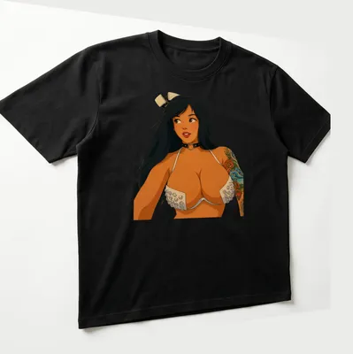 Retro cartoon tattooed girl pin-up design in multiple colors — printed on a unisex t-shirt (angled view)