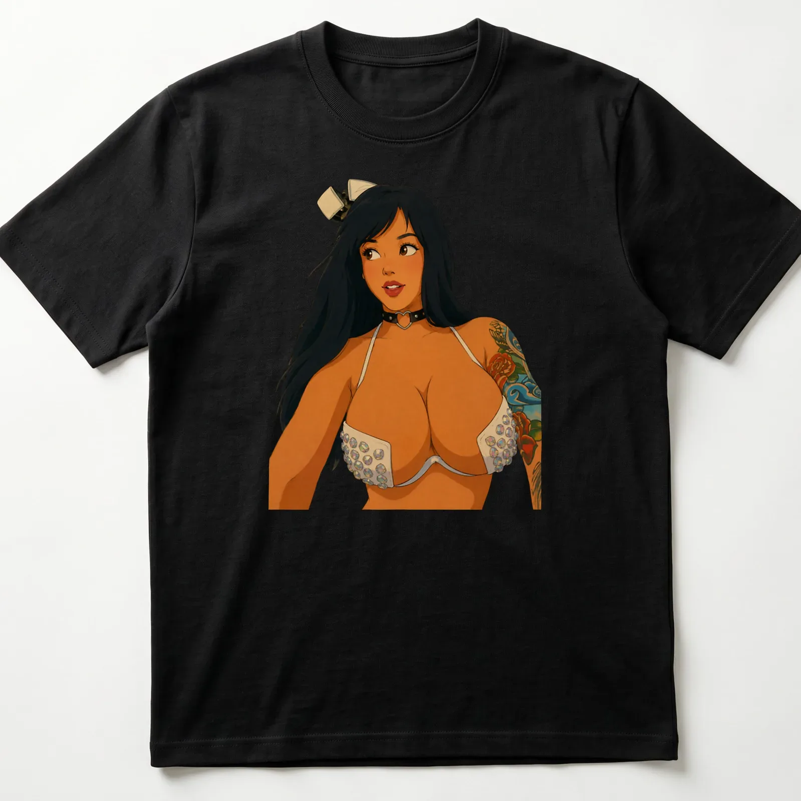 Retro cartoon tattooed girl pin-up design in multiple colors — printed on a unisex t-shirt