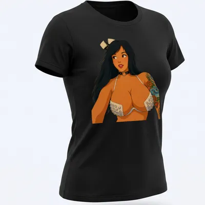 Retro cartoon tattooed girl pin-up design in multiple colors — printed on a women's shirt