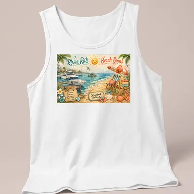 Colorful watercolor design of a beach scene with chairs and boats. — printed on a tank top
