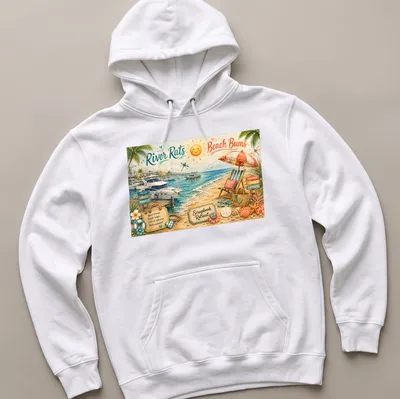 Colorful watercolor design of a beach scene with chairs and boats. — printed on a unisex hoodie