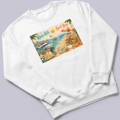 Colorful watercolor design of a beach scene with chairs and boats. — printed on a unisex sweatshirt