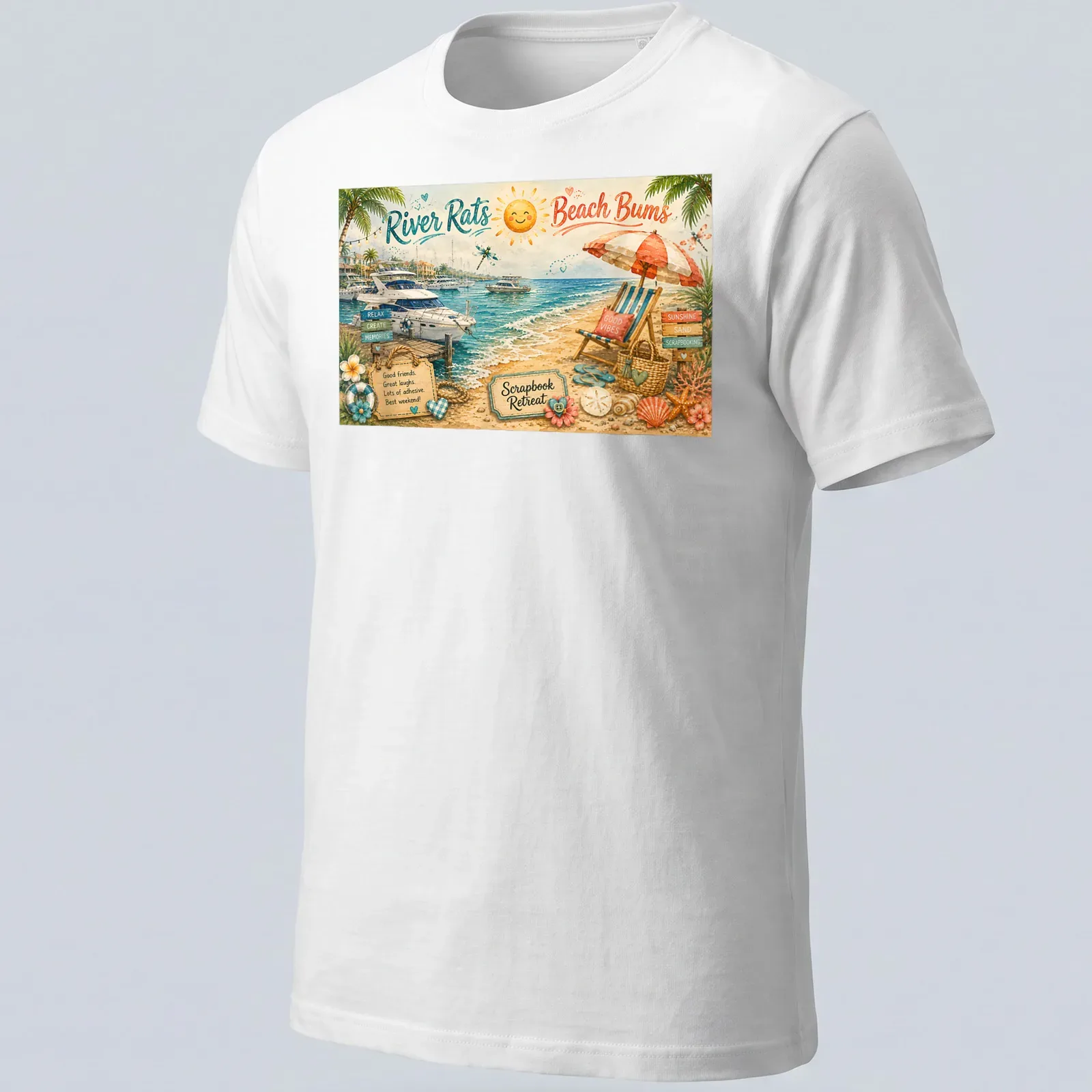 Colorful watercolor design of a beach scene with chairs and boats. — printed on a unisex t-shirt