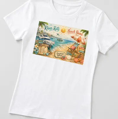 Colorful watercolor design of a beach scene with chairs and boats. — printed on a women's shirt