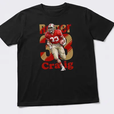Retro football T-shirt featuring Roger Craig's name and number in bold colors