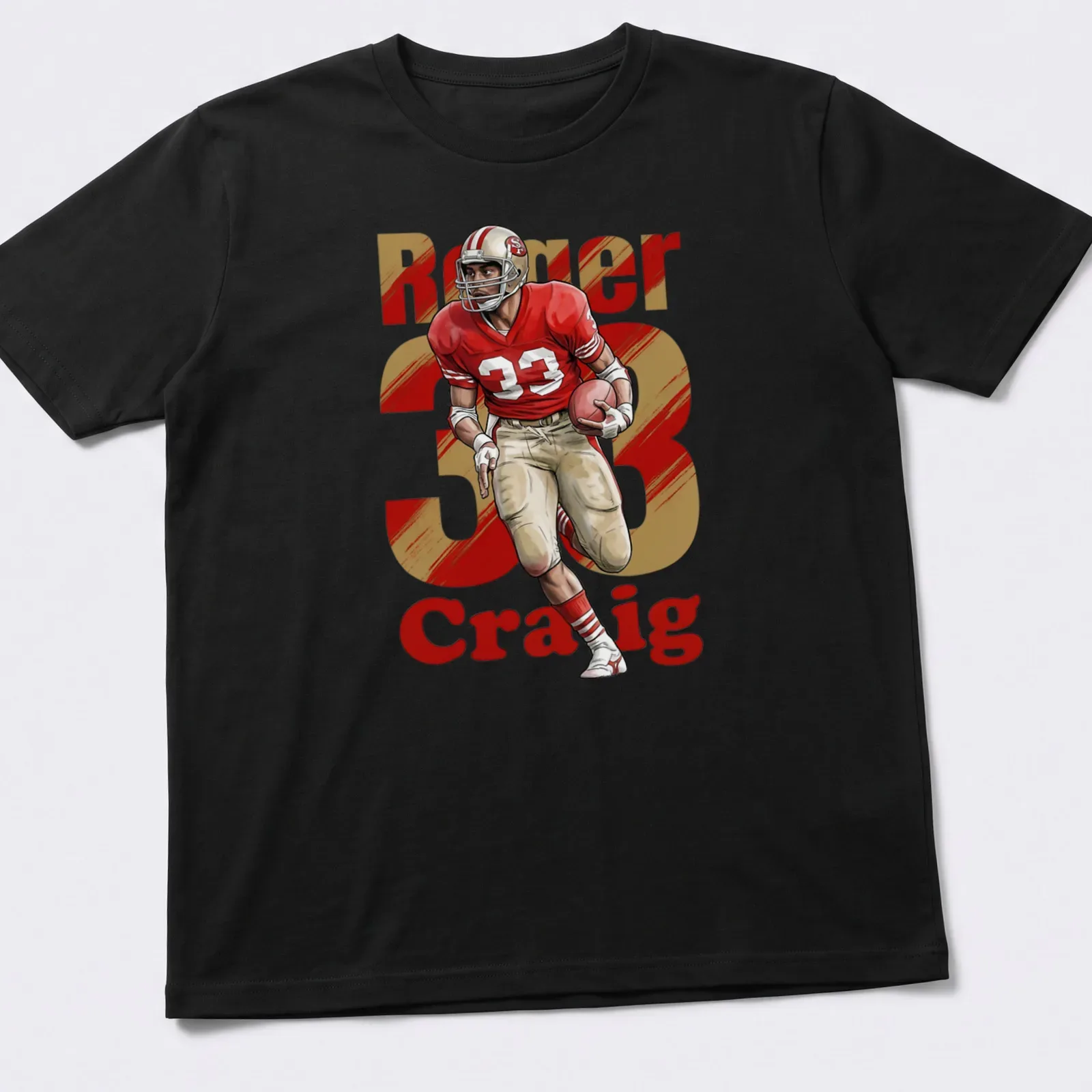 Retro football T-shirt featuring Roger Craig's name and number in bold colors — printed on a unisex t-shirt