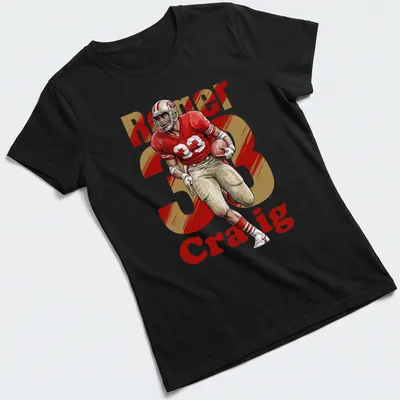 Retro football T-shirt featuring Roger Craig's name and number in bold colors — printed on a women's shirt