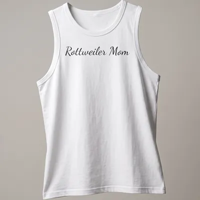 Script design reading Rottweiler Mom in black on white — printed on a tank top