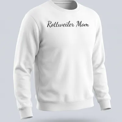 Script design reading Rottweiler Mom in black on white — printed on a unisex sweatshirt