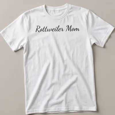 Script design reading Rottweiler Mom in black on white — printed on a unisex t-shirt