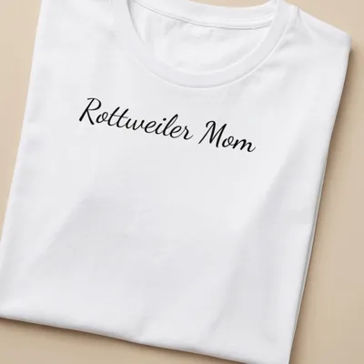 Script design reading Rottweiler Mom in black on white — printed on a women's shirt