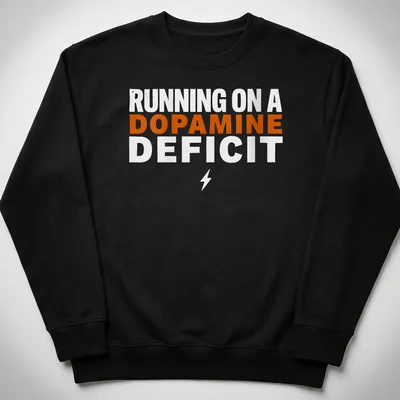 Bold typography humor t-shirt with the phrase 'RUNNING ON A DOPAMINE DEFICIT' in orange and white. — printed on a unisex sweatshirt