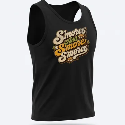 Retro typography t-shirt featuring playful s'mores design in brown, cream, green, and orange — printed on a tank top