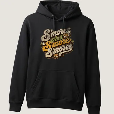 Retro typography t-shirt featuring playful s'mores design in brown, cream, green, and orange — printed on a unisex hoodie