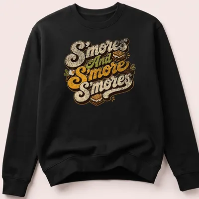 Retro typography t-shirt featuring playful s'mores design in brown, cream, green, and orange — printed on a unisex sweatshirt