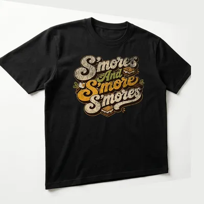 Retro typography t-shirt featuring playful s'mores design in brown, cream, green, and orange — printed on a unisex t-shirt (angled view)