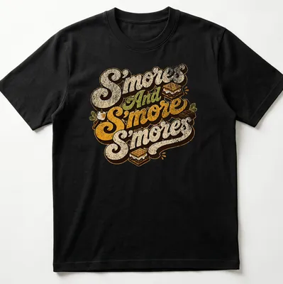 Retro typography t-shirt featuring playful s'mores design in brown, cream, green, and orange — printed on a unisex t-shirt