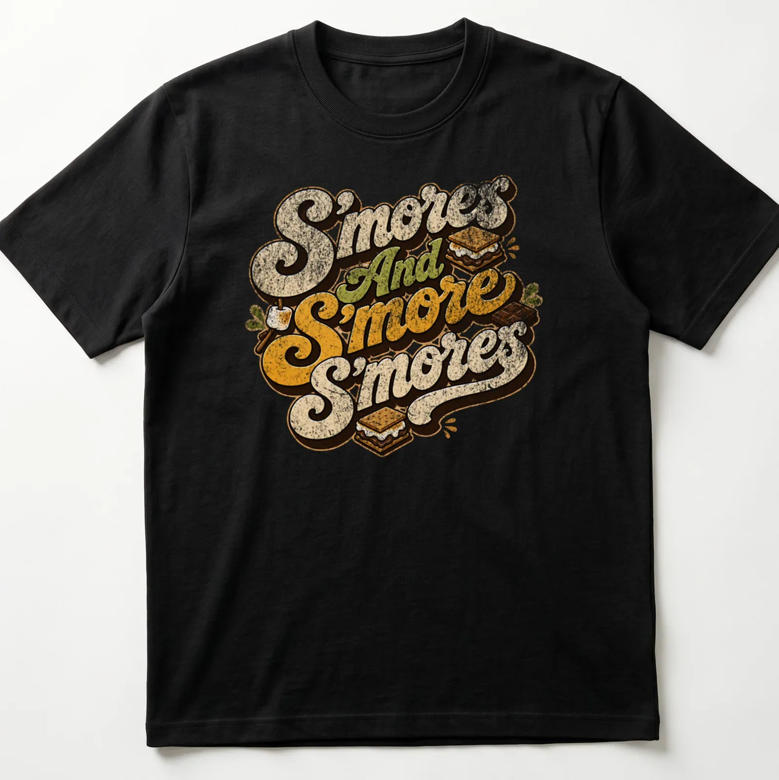 Retro typography t-shirt featuring playful s'mores design in brown, cream, green, and orange — printed on a unisex t-shirt