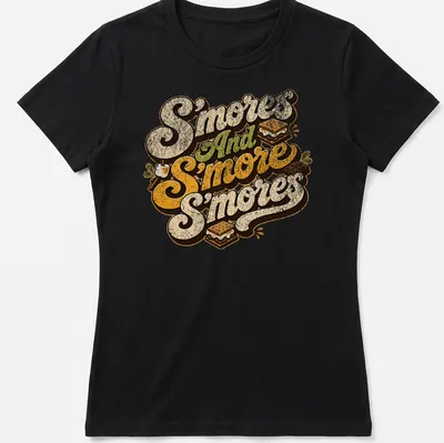 Retro typography t-shirt featuring playful s'mores design in brown, cream, green, and orange — printed on a women's shirt