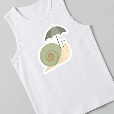 Illustration of a sad snail under a colorful umbrella in soft tones — printed on a tank top