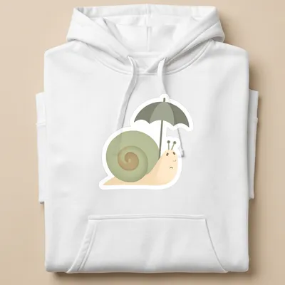 Illustration of a sad snail under a colorful umbrella in soft tones — printed on a unisex hoodie