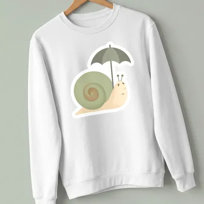 Illustration of a sad snail under a colorful umbrella in soft tones — printed on a unisex sweatshirt