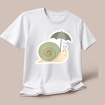 Illustration of a sad snail under a colorful umbrella in soft tones — printed on a unisex t-shirt (angled view)