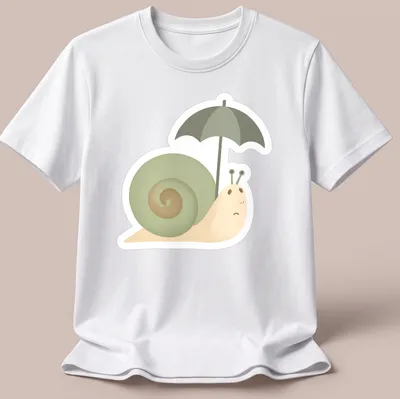 Illustration of a sad snail under a colorful umbrella in soft tones — printed on a unisex t-shirt