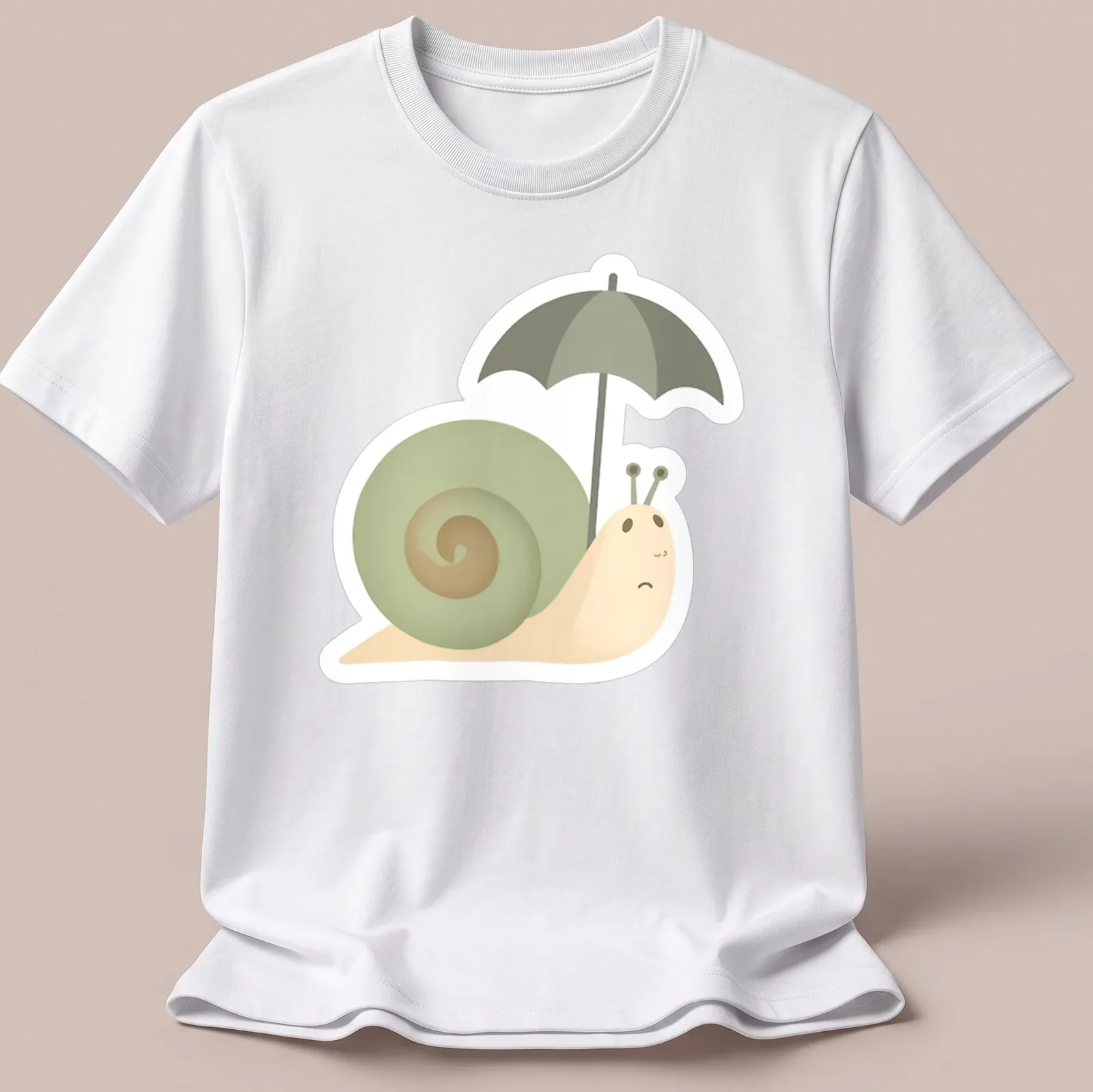 Illustration of a sad snail under a colorful umbrella in soft tones — printed on a unisex t-shirt