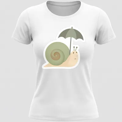 Illustration of a sad snail under a colorful umbrella in soft tones — printed on a women's shirt