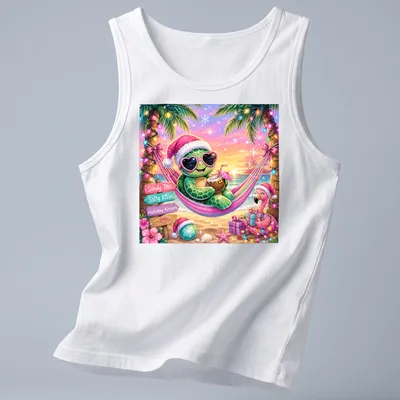 Colorful turtle in hammock with text about sandy and salty kisses — printed on a tank top