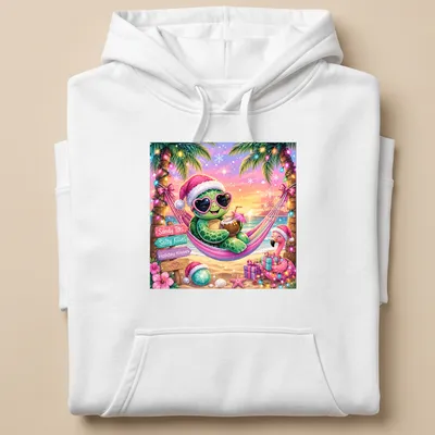 Colorful turtle in hammock with text about sandy and salty kisses — printed on a unisex hoodie