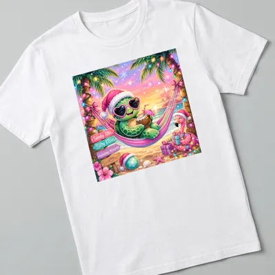 Colorful turtle in hammock with text about sandy and salty kisses — printed on a unisex t-shirt