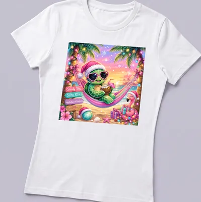 Colorful turtle in hammock with text about sandy and salty kisses — printed on a women's shirt