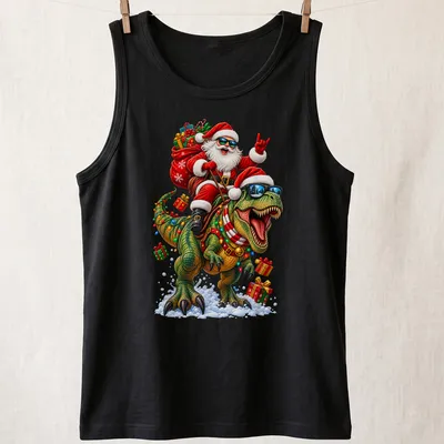 Colorful cartoon Santa riding a dinosaur with gifts for Christmas — printed on a tank top