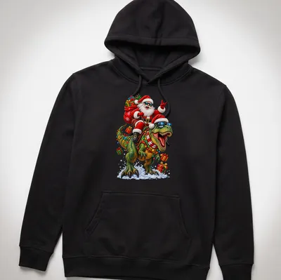 Colorful cartoon Santa riding a dinosaur with gifts for Christmas — printed on a unisex hoodie