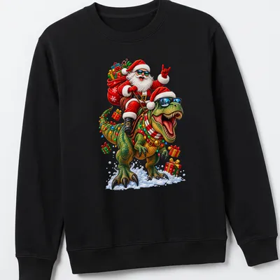 Colorful cartoon Santa riding a dinosaur with gifts for Christmas — printed on a unisex sweatshirt