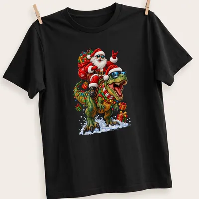Colorful cartoon Santa riding a dinosaur with gifts for Christmas